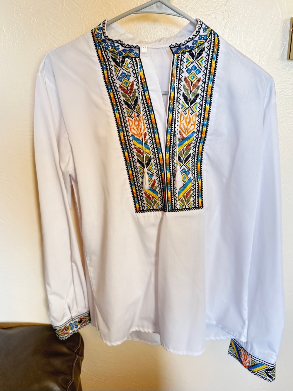 Boys Traditional Ukrainian White Embroidered Blouse w/Multicolor Folk Trim 14yo